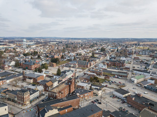 Aerial of Downtown Hanover, Pennsylvania next to the Square