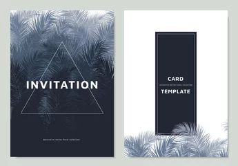 Muurstickers Invitation card template design, blue palm leaves with white square border frame © momosama