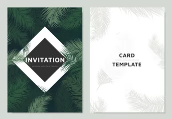 Rolgordijnen Invitation card template design, green palm leaves with white square border frame © momosama