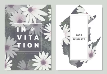 Gardinen Invitation card template design, white Chrysanthemum flowers with palm leaves with rectangle frame © momosama