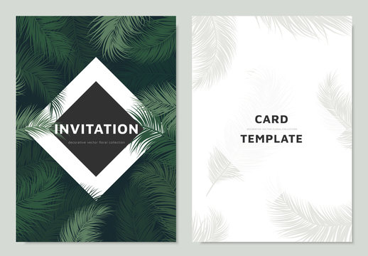 Invitation card template design, green palm leaves with white square border frame