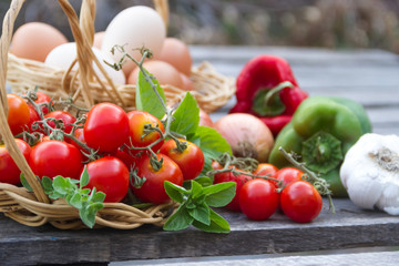 eggs and vegetables from the organic garden