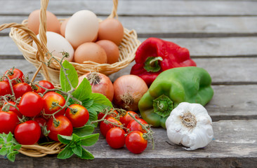 eggs and vegetables from the organic garden