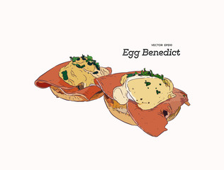 Egg Benedict, breakfast hand draw sketch vector.