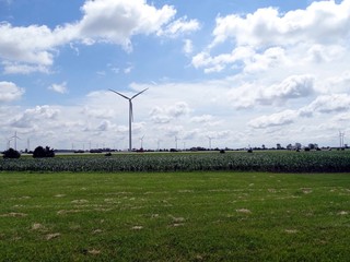 Fototapeta premium A panoramic view of several wind generators located in agricultural land in Indiana