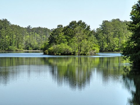 photograph of an island in the middle of a lake
