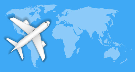 Naklejka na ściany i meble airplane over blue world map travel concept