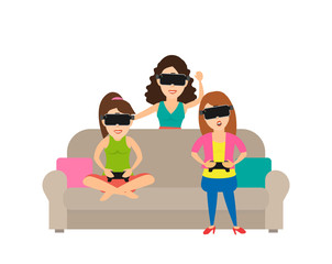 three women playing video game in virtual reality glasses