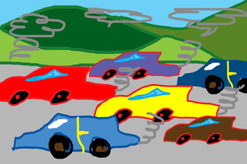 Fototapeta premium children drawing polluting car on the road.