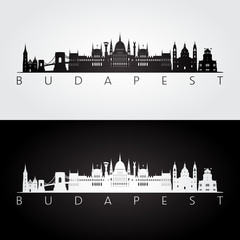 Naklejka premium Panoramę Budapesztu i zabytki sylwetka, czarno-biały design, ilustracji wektorowych.