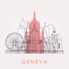 Outline Geneva skyline with landmarks. Vector illustration. Business travel and tourism concept with historic buildings. Image for presentation, banner, placard and web site.