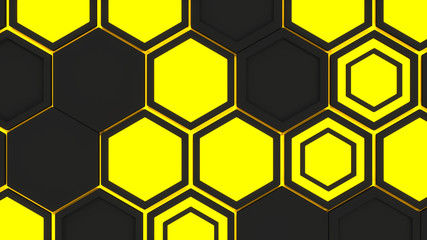 Abstract 3d background made of yellow hexagons on orange glowing background