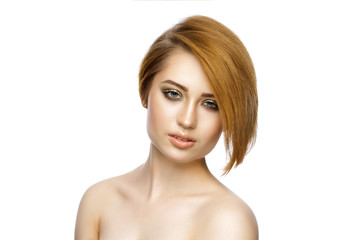 Fototapeta premium Beautiful young woman with straight short hair isolated on white