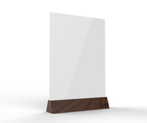 Clear plastic and acrylic  table talkers promotional upright menu table tent top sign holder table menu card display stand picture frame for mock up and template design. 3d render illustration.