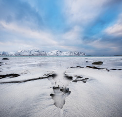 Beach on the Lofoten islands. Beautiful natural landscape in the winter time