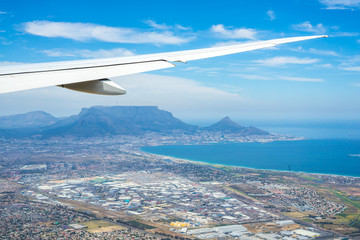 Fototapeta na wymiar Table Mountain aerial view from airplane while landing to cape town airport