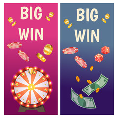Vector flat banners with casino icons. Big win, slots, roulette.