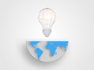 Wireframe lightbulb on half size of the earth map represent concept of innovation and idea. Technology background. Vector illustration