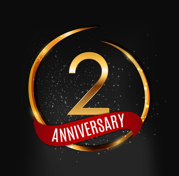 Template Gold Logo 2 Years Anniversary with Red Ribbon Vector Illustration