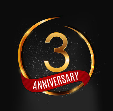 Template Gold Logo 3 Years Anniversary with Red Ribbon Vector Illustration