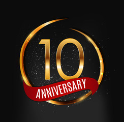 Template Gold Logo 10 Years Anniversary with Red Ribbon Vector Illustration