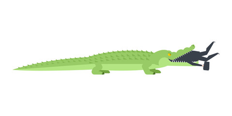 Crocodile eaten businessman. Alligator open mouth and Boss. office life vector illustration.