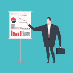 Businessman making presentation. Boss and Roll-up. Charts and diagrams. office life vector illustration.