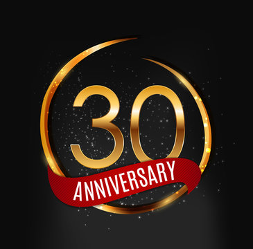 Template Gold Logo 30 Years Anniversary with Red Ribbon Vector Illustration