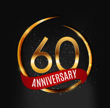 Template Gold Logo 60 Years Anniversary with Red Ribbon Vector Illustration