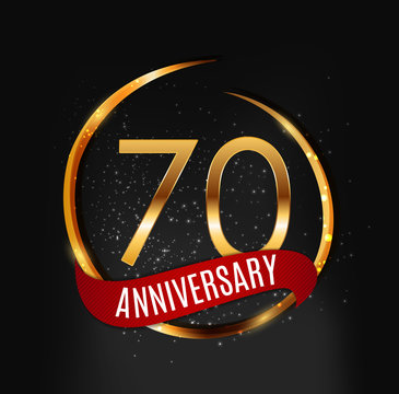 Template Gold Logo 70 Years Anniversary with Red Ribbon Vector Illustration