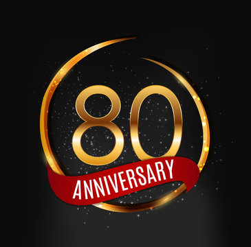 Template Gold Logo 80 Years Anniversary with Red Ribbon Vector Illustration