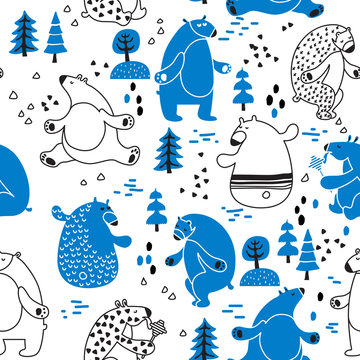 Seamless vector pattern with colorful bears in scandinavian minimalist modern style. © Tatsiana Tsyhanova
