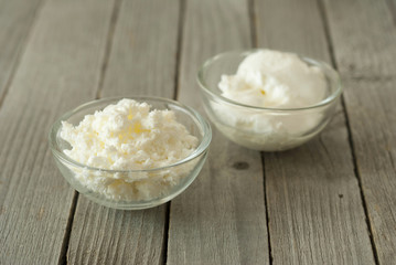 dairy products, rustic wooden table background