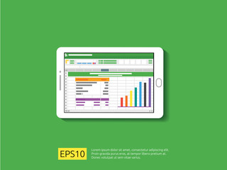 tablet with spreadsheet on screen. office things for planning and accounting, analysis, audit, project management, marketing, research vector illustration.