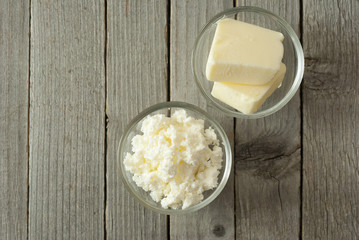 dairy products, rustic wooden table background