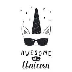 Poster Hand drawn vector portrait of a cool unicorn in sunglasses, with lettering Awesome as a unicorn. Isolated objects on white background. Vector illustration in vintage style. Design concept for children © Maria Skrigan