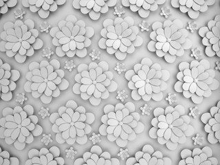 Abstract background of paper flowers. Monochrome 3D pattern.