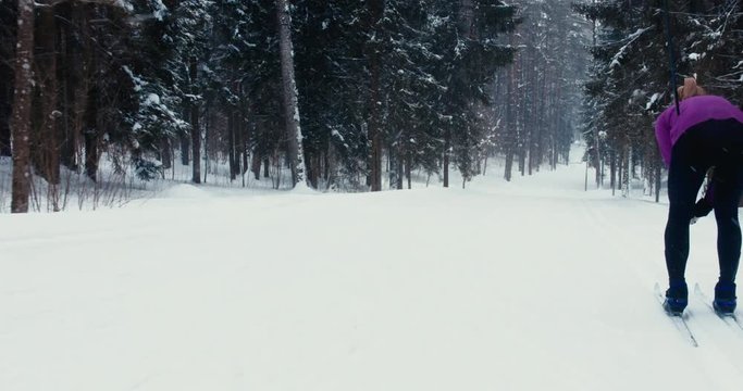 Young adult Caucasian female falling during cross-country skiing on a scenic forest trail. 4K UHD 60 FPS SLO MO