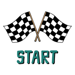 Hand-drawn vector illustration with racing flags and lettering.  Start.