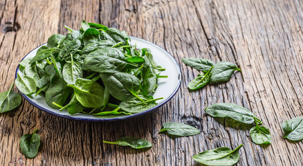 Spinach. Fresh baby spinach leaves in plate on woden table
