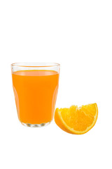 Glass of Fresh Orange Juice, Half crescent Orange Fruit on white background