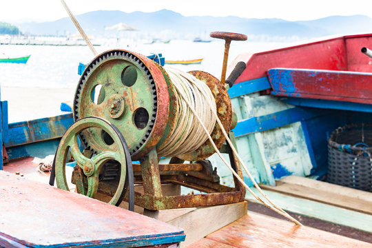 Vintage Manual Winch On A Fishing Boat.