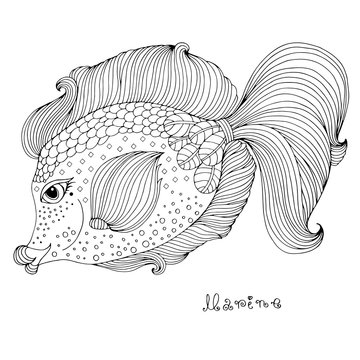 Vector hand drawn fairy fantastic sea fish. Ornamental weave fish graphic illustration tattoo. Marine fish romantic. Fairy tale characters. Marine nymph. Coloring book . Coloring page.