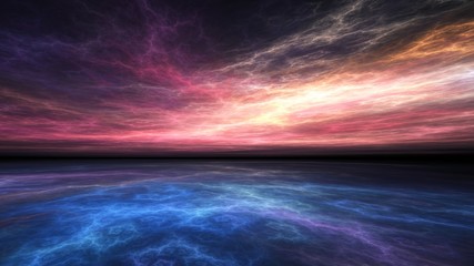 Fractal horizon, hazy electric sunset over a vivid blue sea © Jaswe