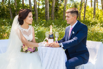 beautiful and happy newlyweds on a walk. summer wedding. Table with glasses and champagne