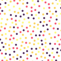 Colorful polka dots seamless pattern on black 25 background. Gorgeous classic colorful polka dots textile pattern. Seamless scattered confetti fall chaotic decor. Abstract vector illustration.