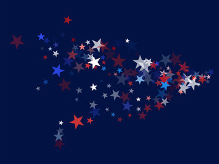 Fototapeta premium American Patriotic Deign, Vector Blue, Red, White Stars Confetti. Labor, Independence, Memorial Day, 4th of July Election Frame. American Patriotic Design, UK, Australia Freedom Falling Stars Texture.