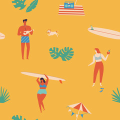 Summer time beach fun seamless pattern in vector.