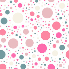 Colorful polka dots seamless pattern on white 8 background. Unusual classic colorful polka dots textile pattern. Seamless scattered confetti fall chaotic decor. Abstract vector illustration.