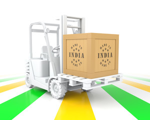Forklift Truck with Made in India Wooden Box on Pallet.